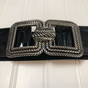 Symmetrical Silver Buckle Wide Elastic Waist Minimalist Dress Belt Black